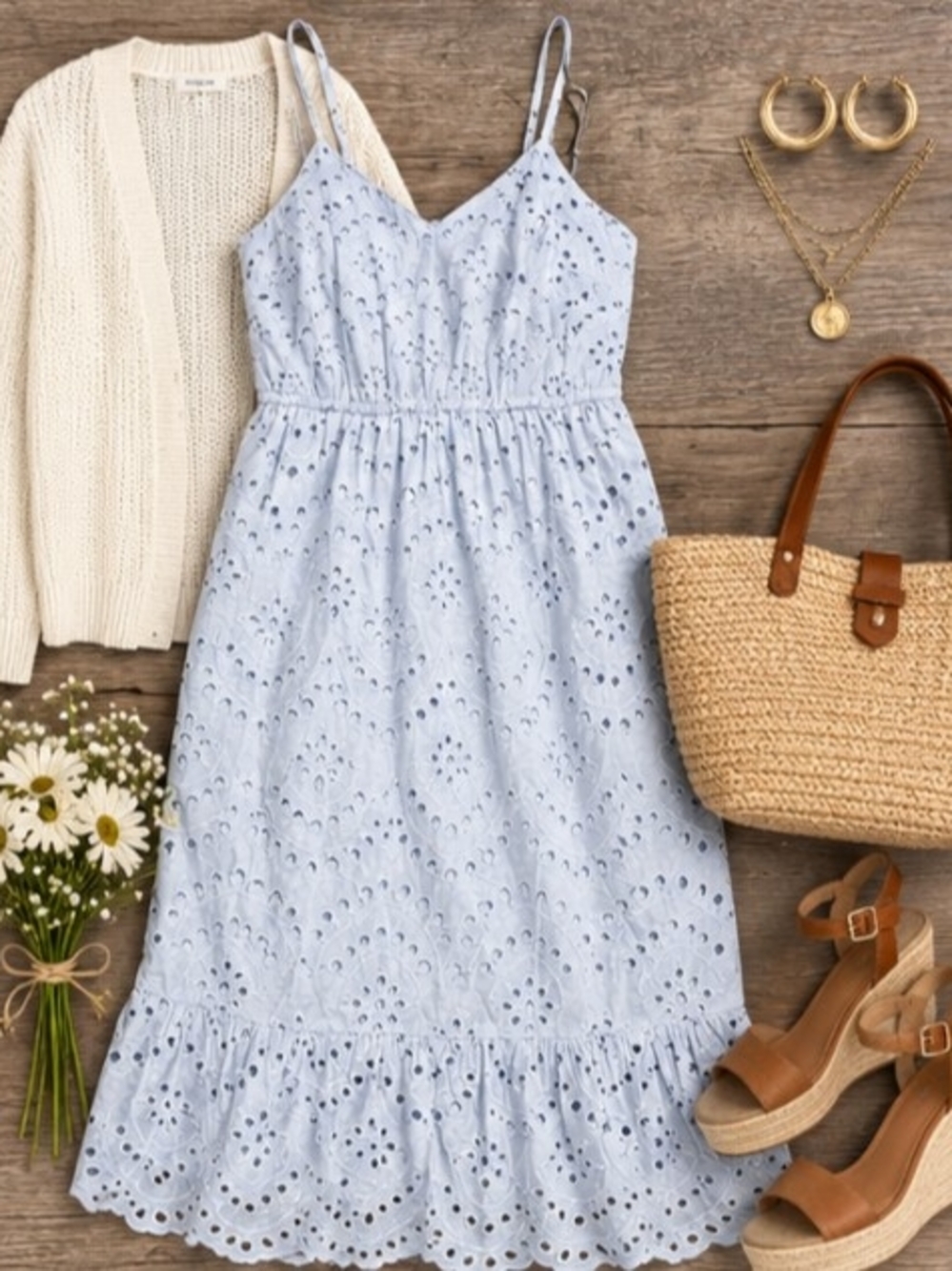T.J.Maxx Light Blue Eyelet Midi Sundress with Ruffle Hem